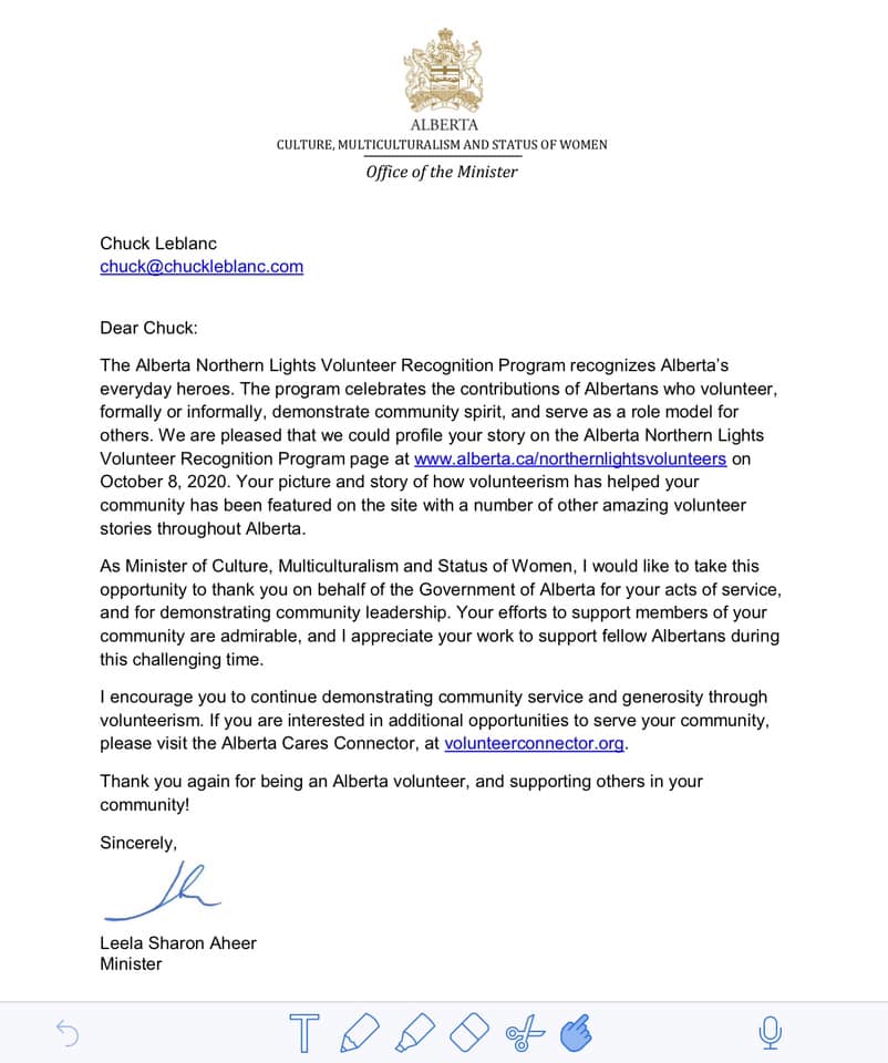 Northern Lights Volunteer letter - Chuck LeBlanc